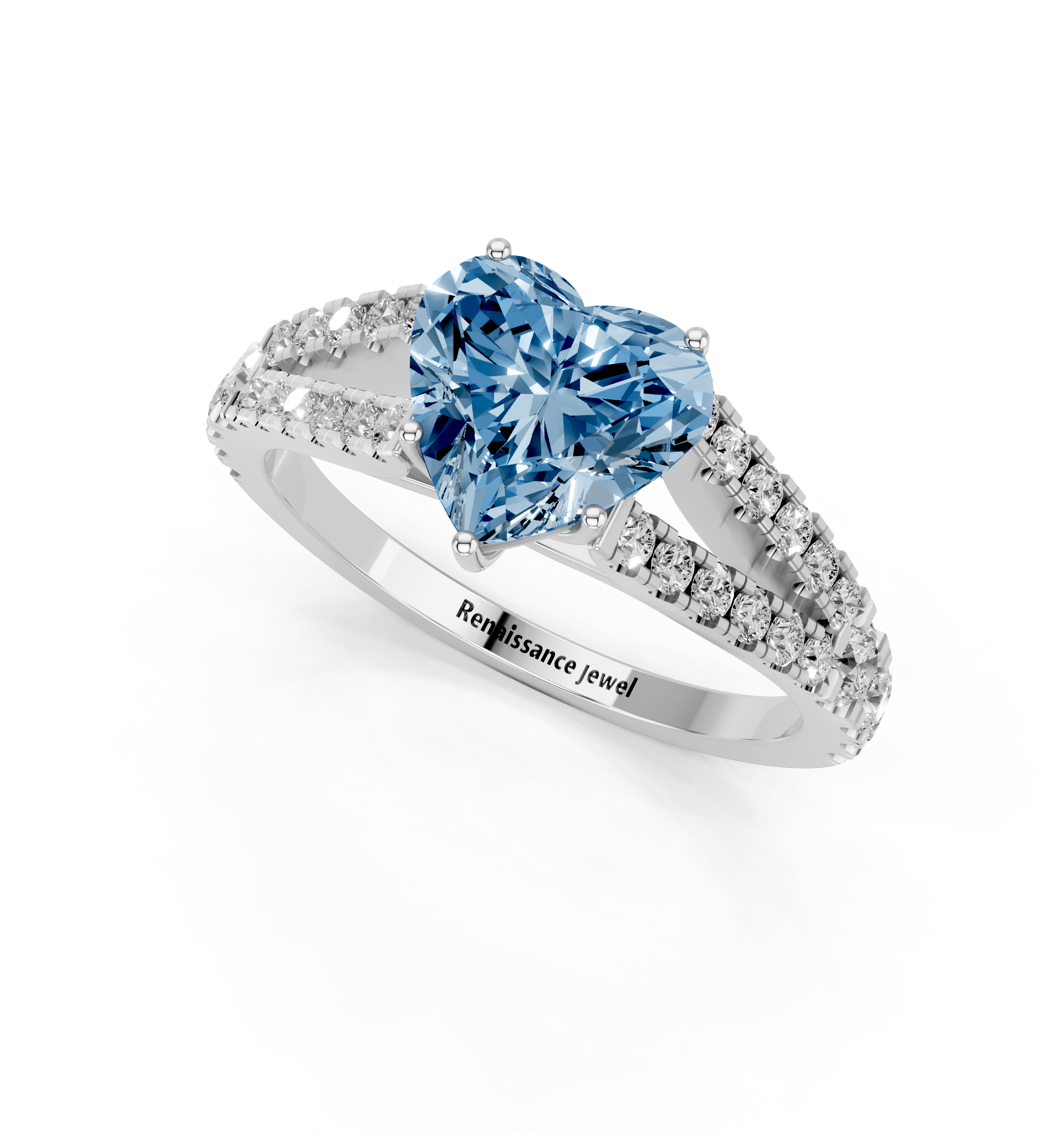 White gold Fancy Blue Heart  Cut Split Shank Pave Engagement Ring with Four-Prong Setting_3