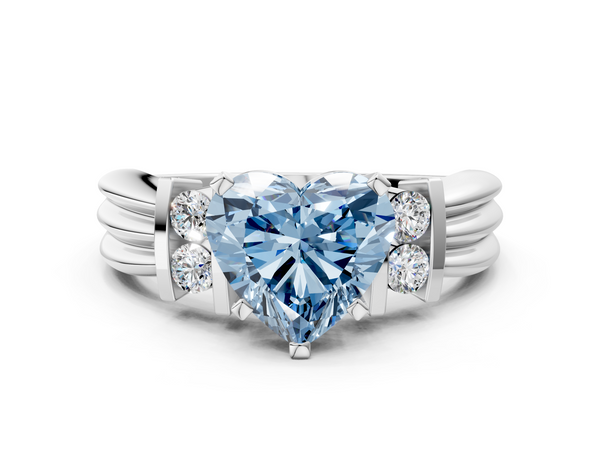 Platinum Fancy Blue Heart  Cut Three-Stone Channel Set Ring with Bar Prongs