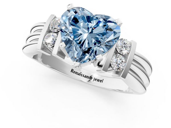 Platinum Fancy Blue Heart  Cut Three-Stone Channel Set Ring with Bar Prongs