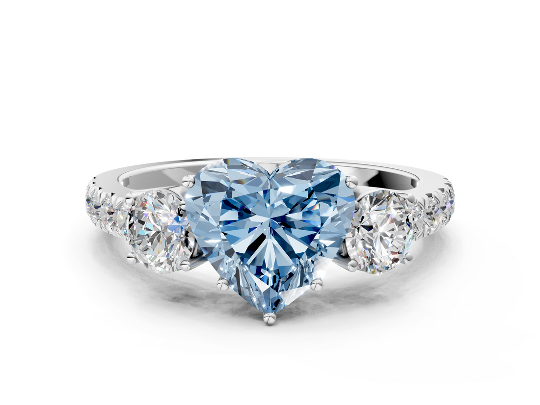 White gold Fancy Blue Heart  Cut Three-Stone Diamond Pave Band with Prong Setting_37