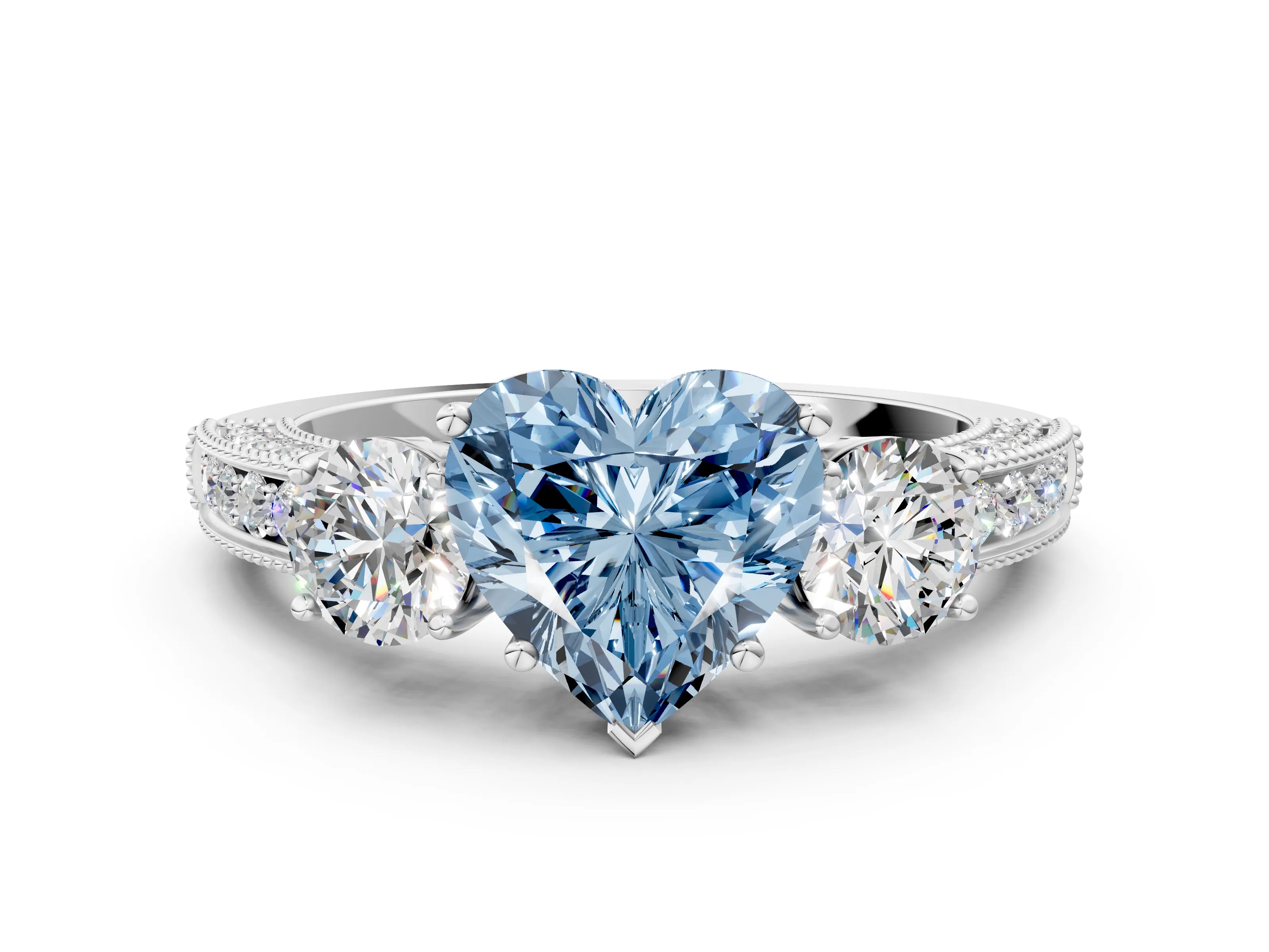 White gold Fancy Blue Heart Cut Three-Stone Diamond Ring with Pavé Band and Four-Prong Setting_12