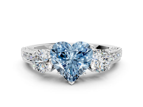 White gold Fancy Blue Heart Cut Three-Stone Diamond Ring with Pavé Band and Four-Prong Setting_12