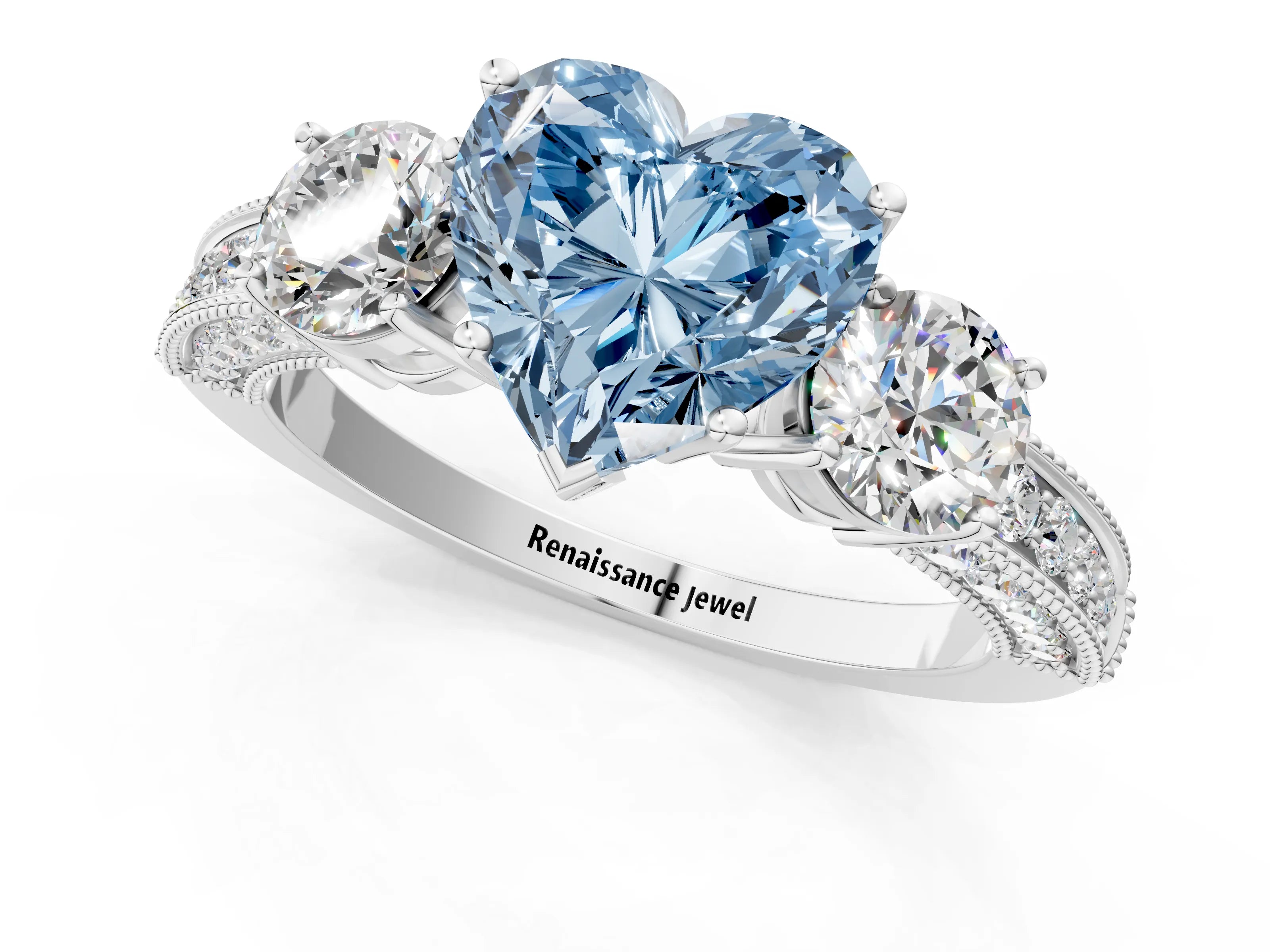 White gold Fancy Blue Heart Cut Three-Stone Diamond Ring with Pavé Band and Four-Prong Setting_13