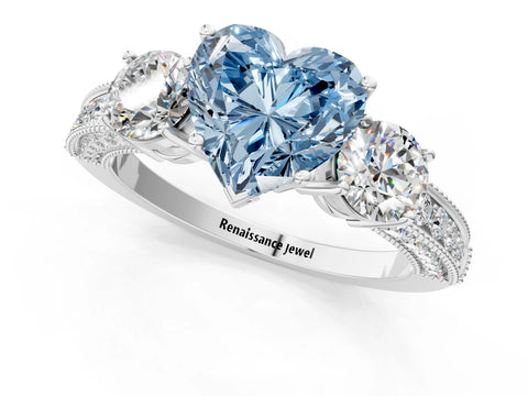 White gold Fancy Blue Heart Cut Three-Stone Diamond Ring with Pavé Band and Four-Prong Setting_13