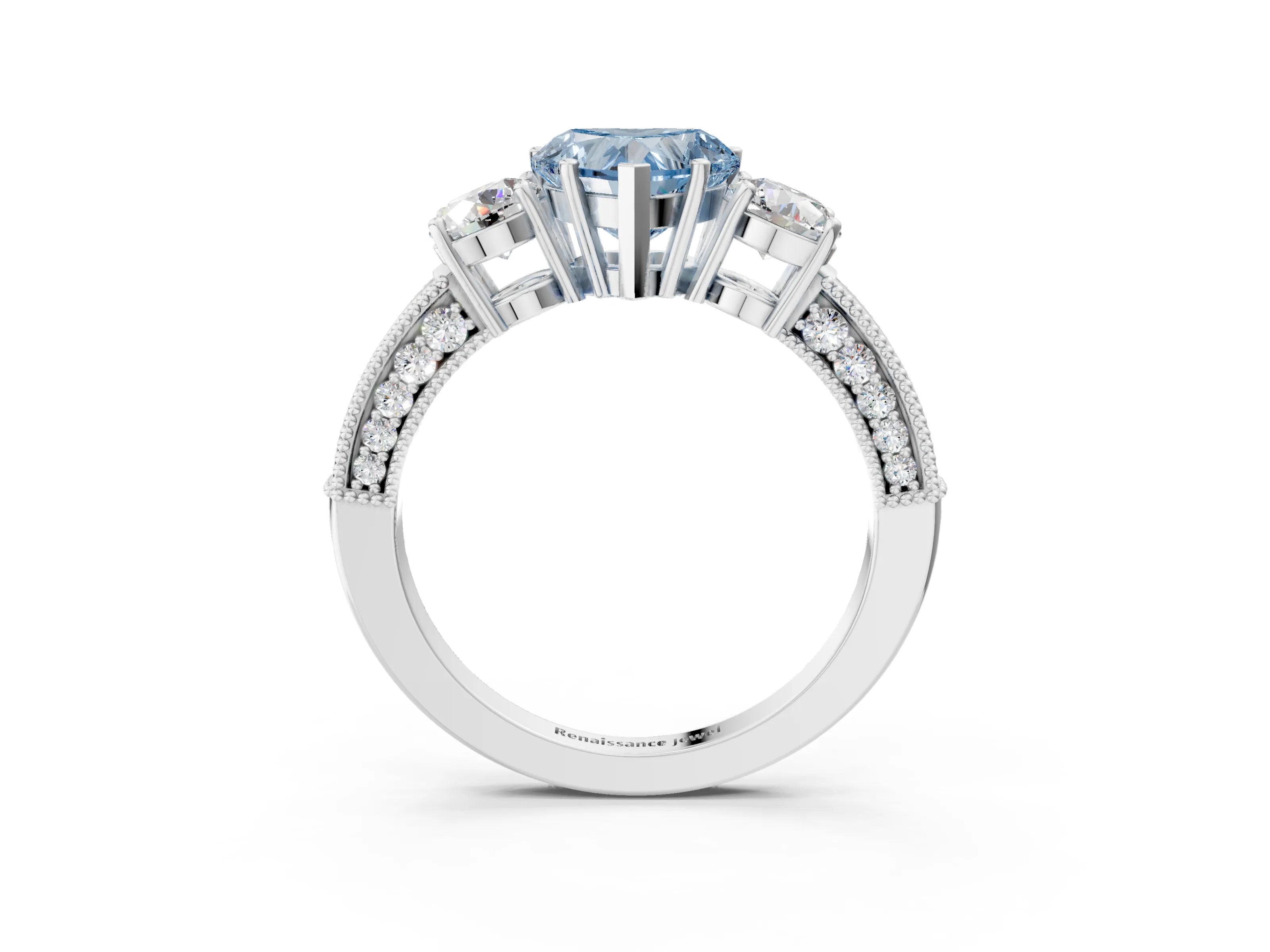 White gold Fancy Blue Heart Cut Three-Stone Diamond Ring with Pavé Band and Four-Prong Setting_15