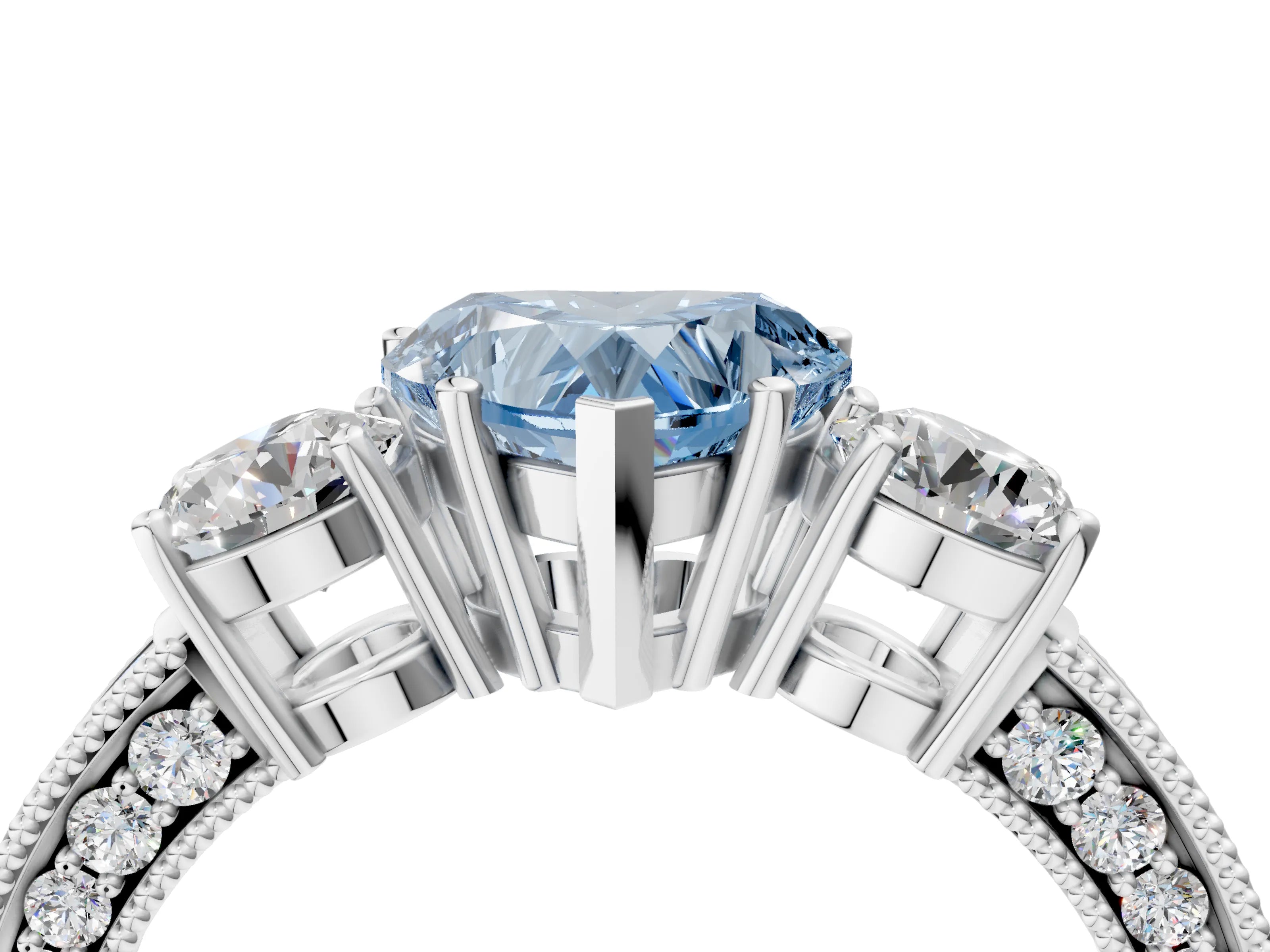 White gold Fancy Blue Heart Cut Three-Stone Diamond Ring with Pavé Band and Four-Prong Setting_16