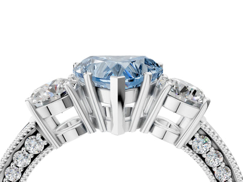 White gold Fancy Blue Heart Cut Three-Stone Diamond Ring with Pavé Band and Four-Prong Setting_16