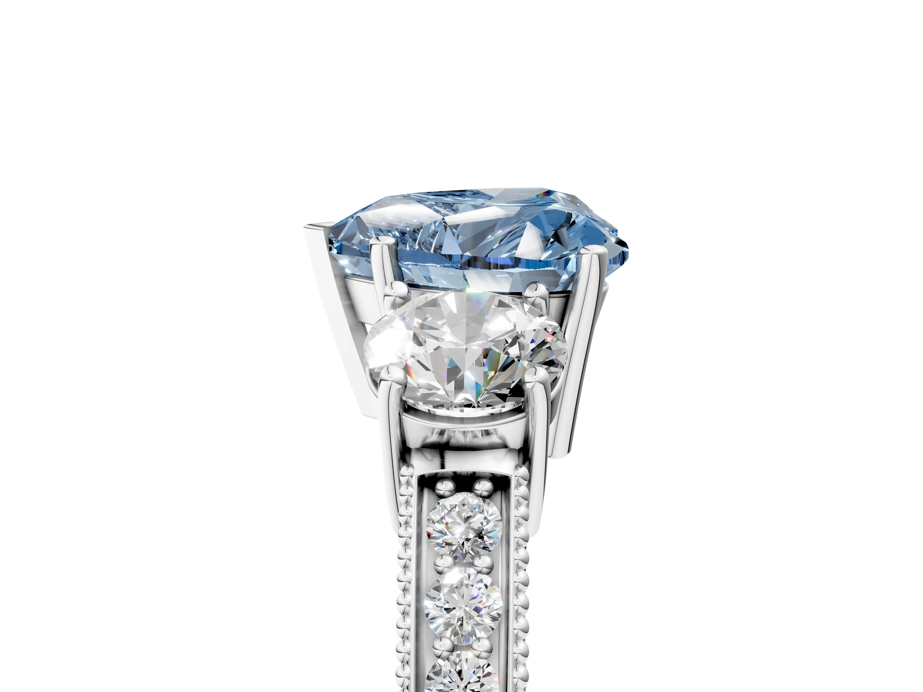 White gold Fancy Blue Heart Cut Three-Stone Diamond Ring with Pavé Band and Four-Prong Setting_17