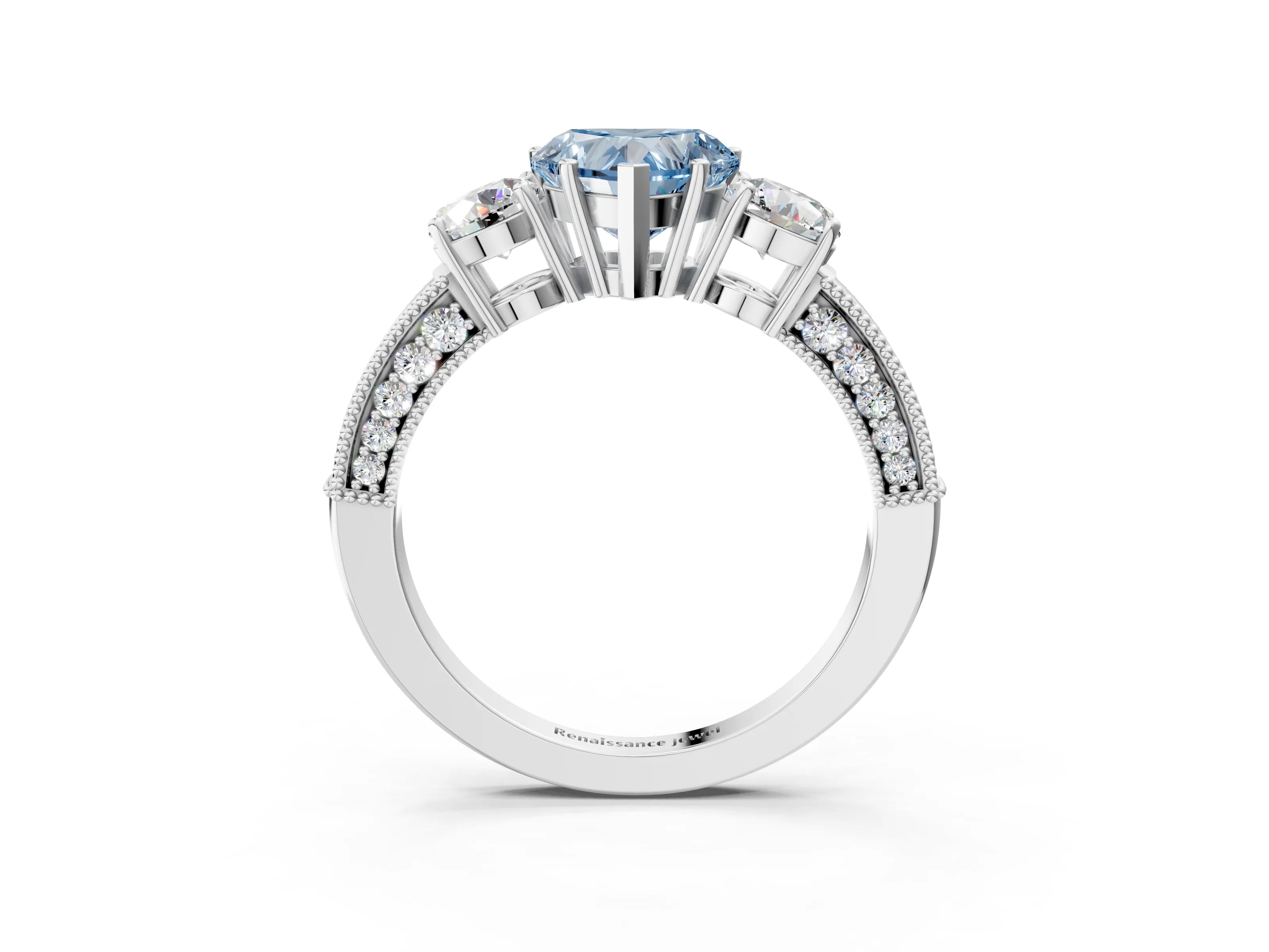 White gold Fancy Blue Heart Cut Three-Stone Diamond Ring with Pavé Band and Four-Prong Setting_3