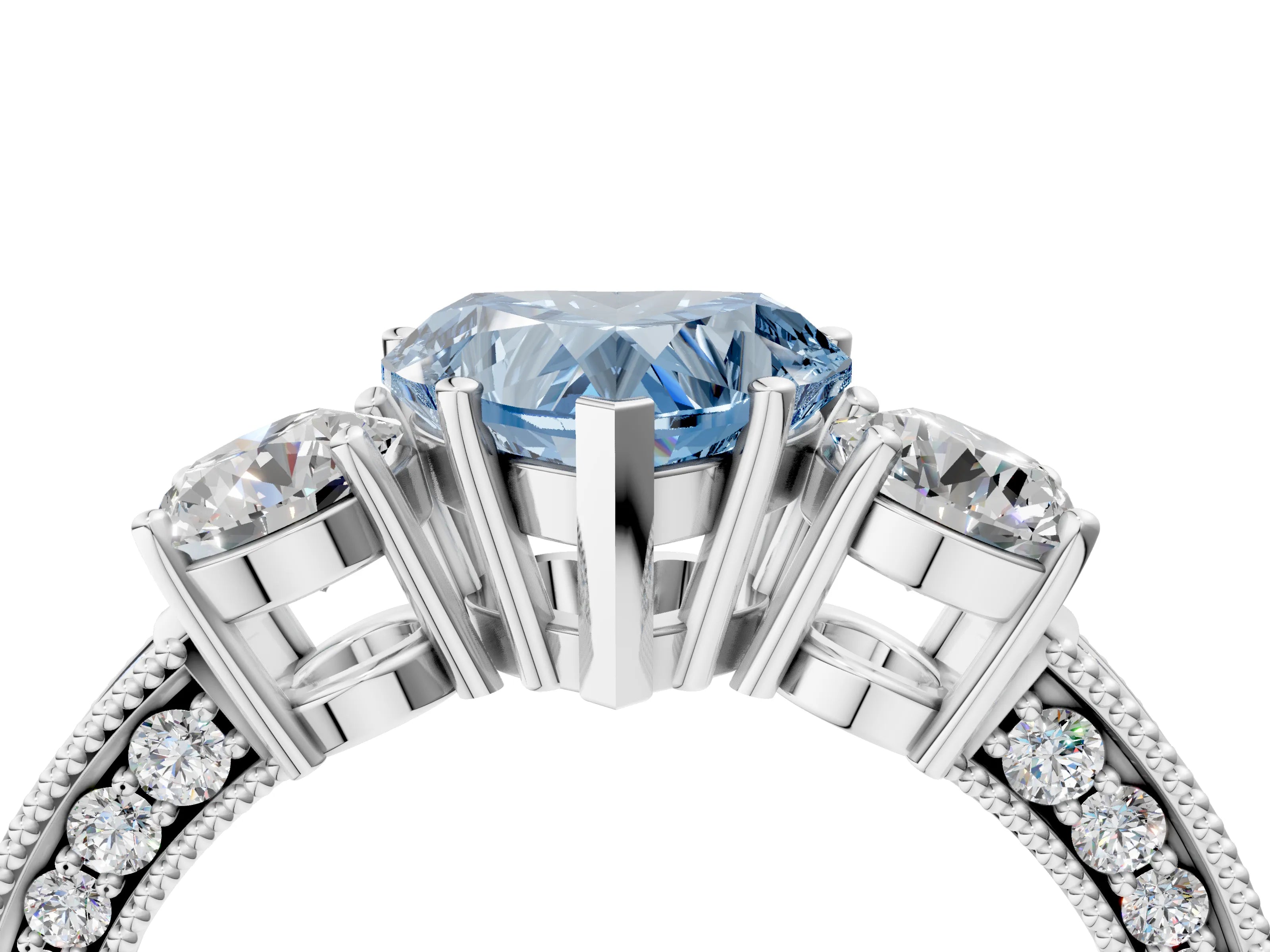 White gold Fancy Blue Heart Cut Three-Stone Diamond Ring with Pavé Band and Four-Prong Setting_4