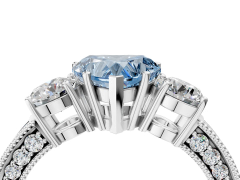White gold Fancy Blue Heart Cut Three-Stone Diamond Ring with Pavé Band and Four-Prong Setting_4