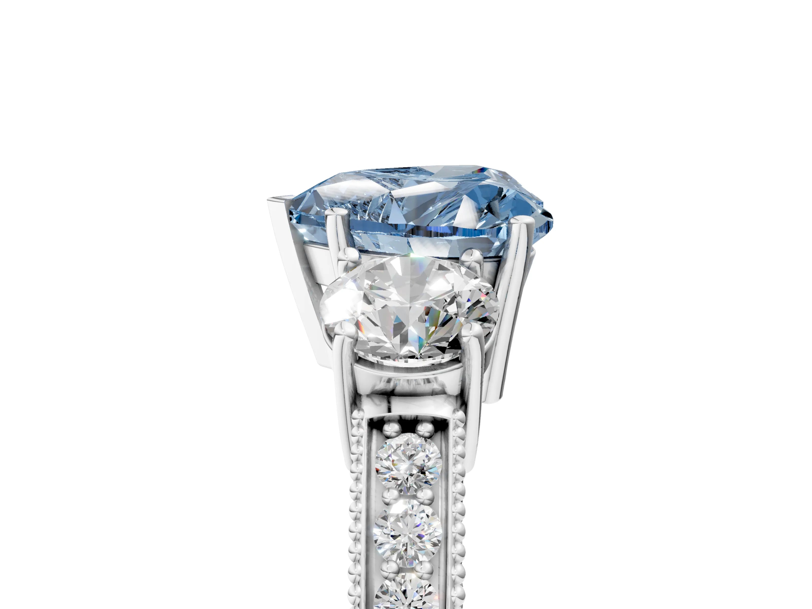 White gold Fancy Blue Heart Cut Three-Stone Diamond Ring with Pavé Band and Four-Prong Setting_5