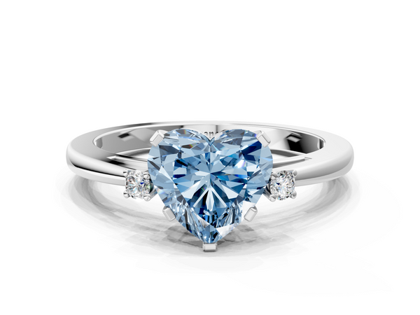 White gold Fancy Blue Heart  Cut Three-Stone Solitaire Ring with Round Accent Diamonds and Four-Prong Setting