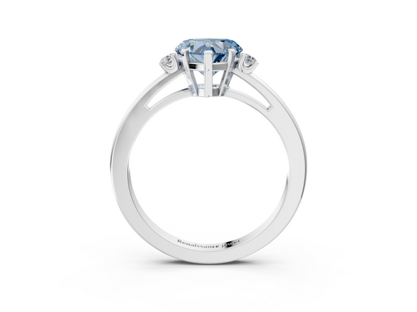 White gold Fancy Blue Heart  Cut Three-Stone Solitaire Ring with Round Accent Diamonds and Four-Prong Setting