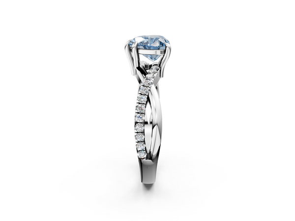 White gold Fancy Blue Heart  Cut Twist Band Solitaire Diamond Ring with Pavé Setting