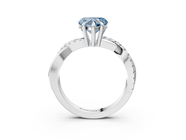 White gold Fancy Blue Heart  Cut Twist Band Solitaire Diamond Ring with Pavé Setting
