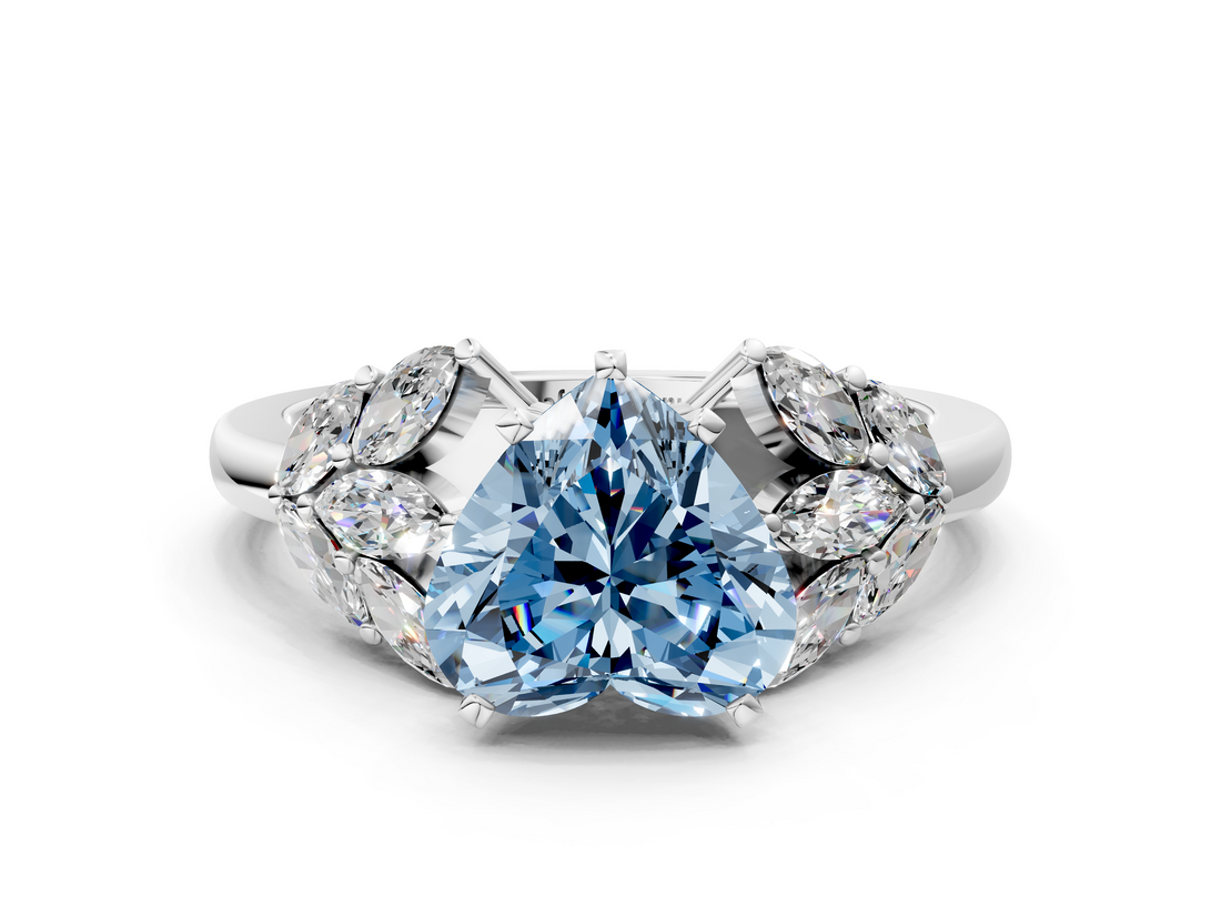 White gold Fancy Blue Heart  Diamond Cluster Leaf Design Ring with Prong Setting_69