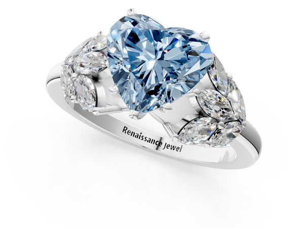 White gold Fancy Blue Heart  Diamond Cluster Leaf Design Ring with Prong Setting