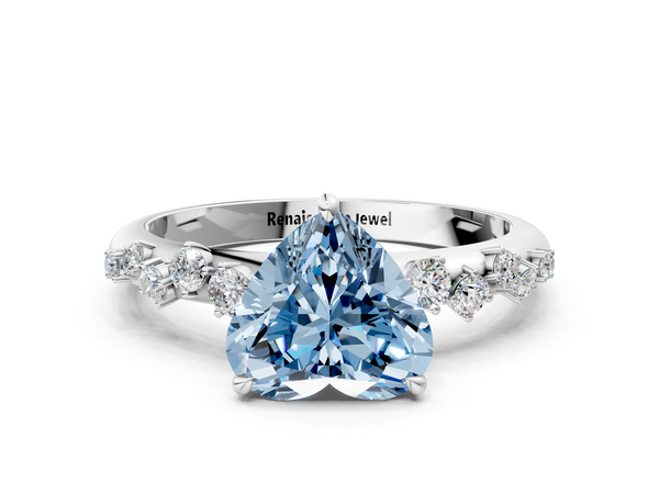 White gold Fancy Blue Heart  Diamond Cluster Prong-Set Solitaire Ring