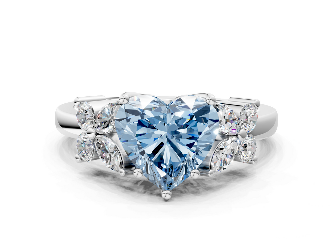 White gold Fancy Blue Heart  Diamond Floral Cluster Ring with Solitaire Band and Prong Setting_42
