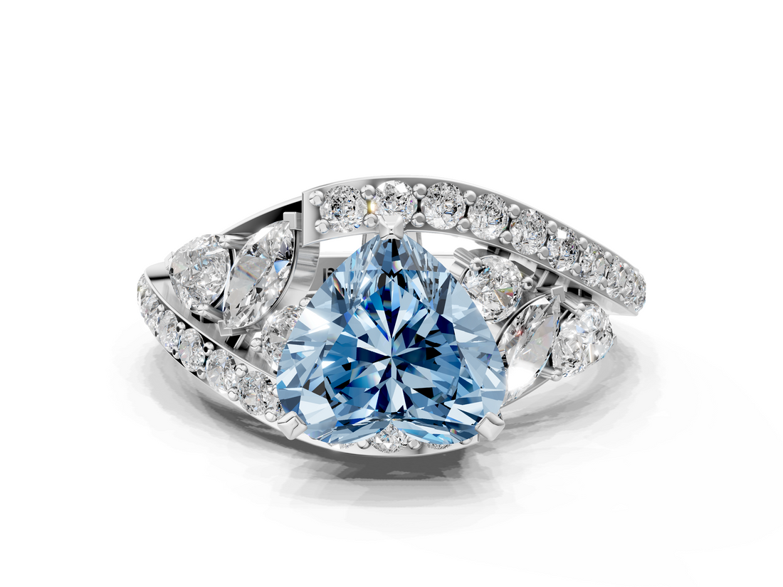 White gold Fancy Blue Heart  Diamond Halo Ring with Marquise and Pavé Band in Prong Setting_68
