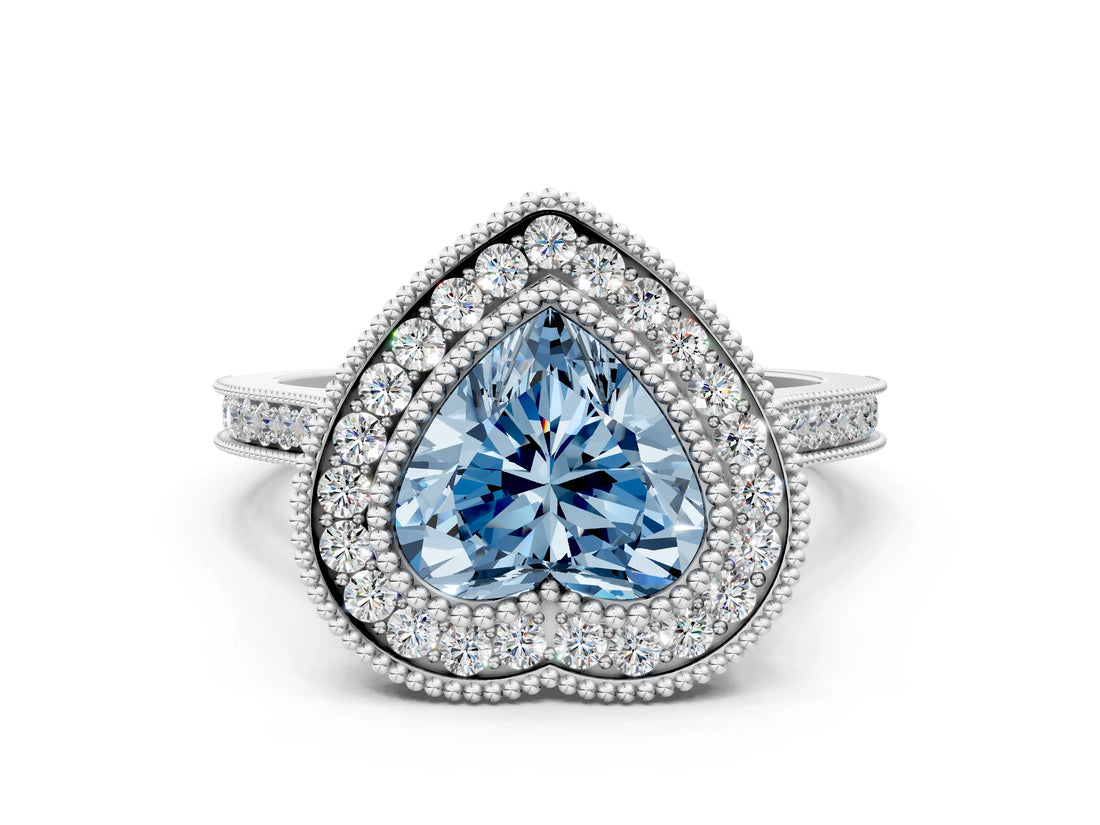 White gold Fancy Blue Heart  Diamond Halo Ring with Milgrain Frame and Pavé Band_71