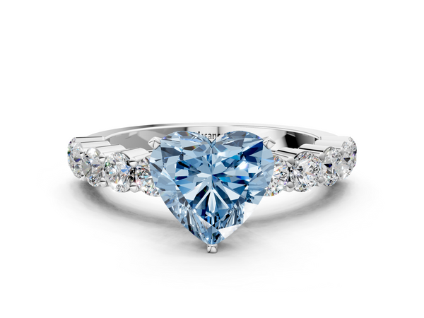 White gold Fancy Blue Heart  Diamond Solitaire Ring with Shared Prong Round Side Stones
