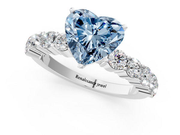 White gold Fancy Blue Heart  Diamond Solitaire Ring with Shared Prong Round Side Stones