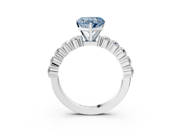 White gold Fancy Blue Heart  Diamond Solitaire Ring with Shared Prong Round Side Stones