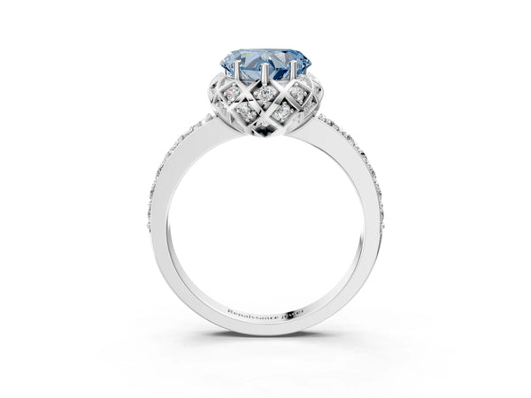 White gold Fancy Blue Heart  Diamond Solitaire Ring with Shared Prong Pavé Band