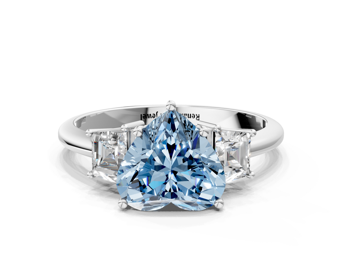 White gold Fancy Blue Heart  Diamond Three-Stone Ring with Trapezoid Side Stones and Prong Setting_17