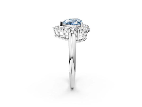 Platinum Fancy Blue Heart  Halo Cluster Diamond Engagement Ring with Prong Setting and Polished Band