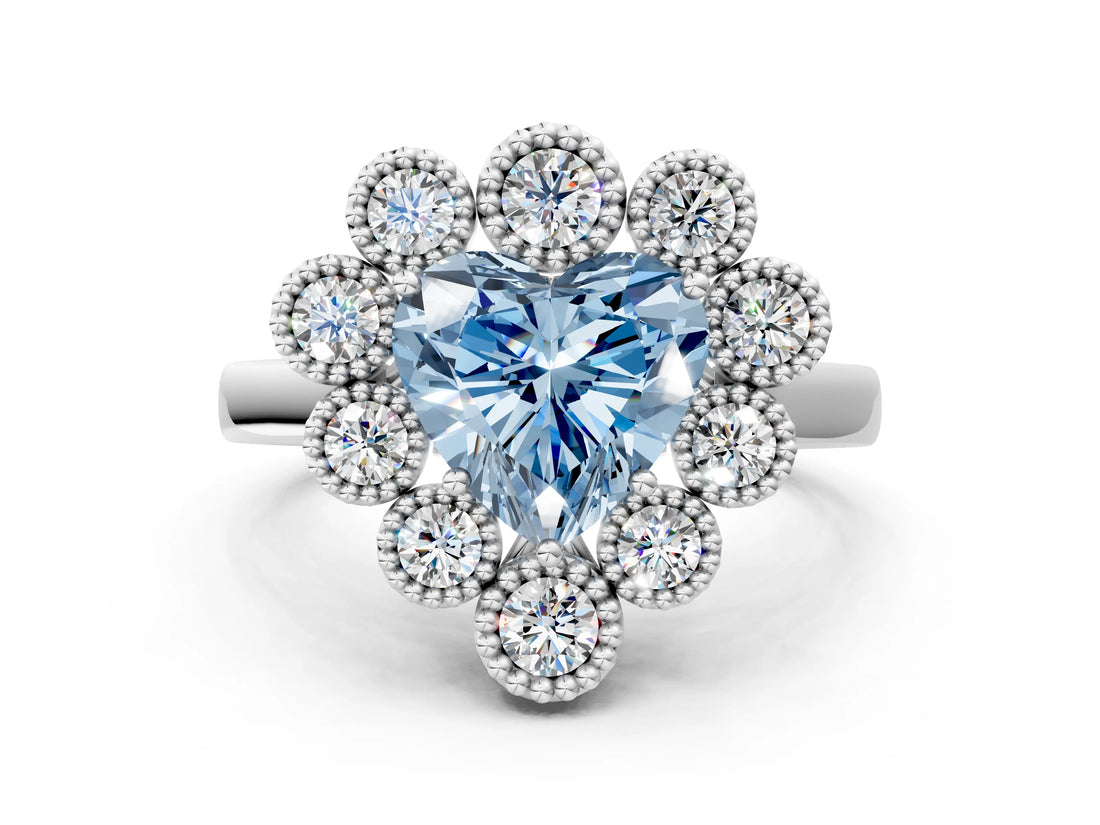 White gold Fancy Blue Heart  Halo Diamond Cluster Engagement Ring with Milgrain Bezel Setting and Solitaire Band_27