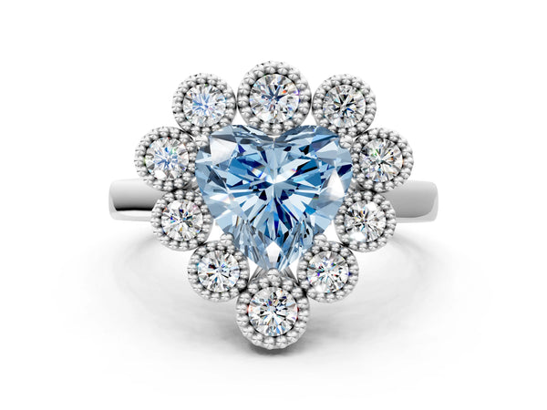 Platinum Fancy Blue Heart  Halo Diamond Cluster Engagement Ring with Milgrain Bezel Setting and Solitaire Band