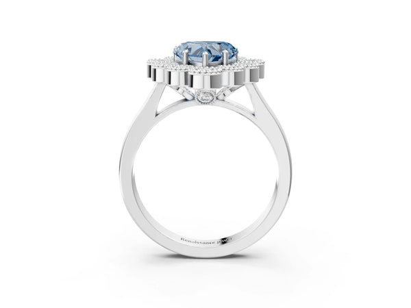 Platinum Fancy Blue Heart  Halo Diamond Cluster Engagement Ring with Milgrain Bezel Setting and Solitaire Band