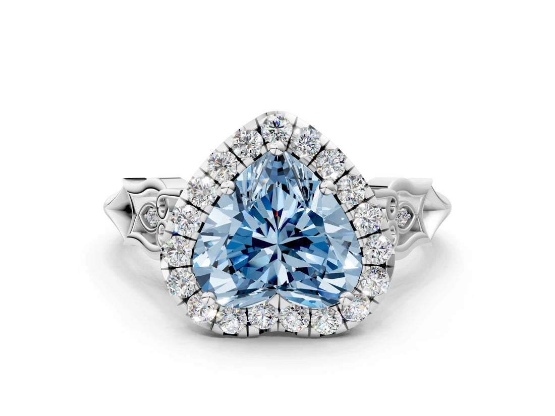 White gold Fancy Blue Heart  Halo Diamond Engagement Ring with Filigree Band and Four-Prong Setting_120