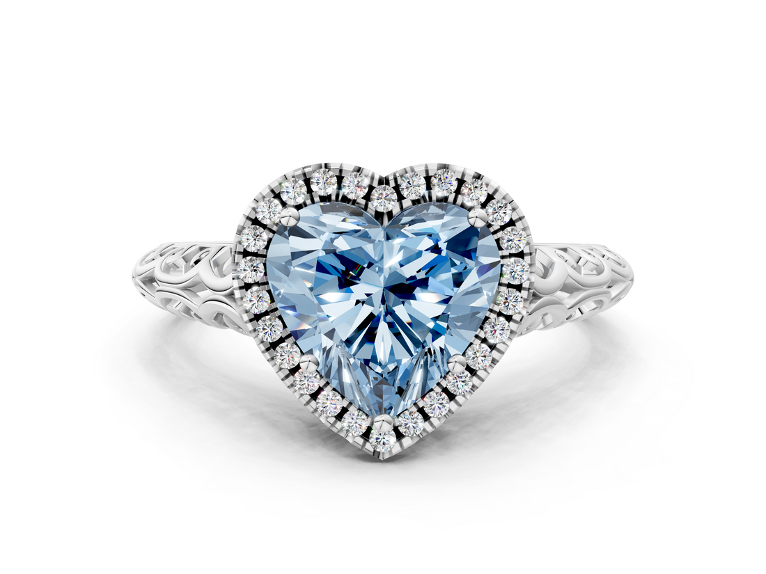 White gold Fancy Blue Heart  Halo Diamond Engagement Ring with Intricate Filigree Band and Four-Prong Setting_37