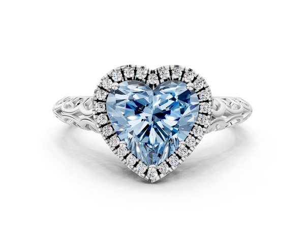 Platinum Fancy Blue Heart  Halo Diamond Engagement Ring with Intricate Filigree Band and Four-Prong Setting