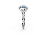 White gold Fancy Blue Heart  Halo Diamond Engagement Ring with Intricate Filigree Band and Four-Prong Setting_39