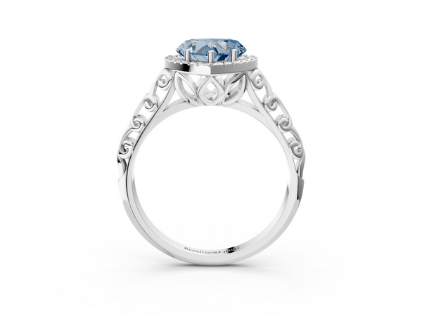 Platinum Fancy Blue Heart  Halo Diamond Engagement Ring with Intricate Filigree Band and Four-Prong Setting
