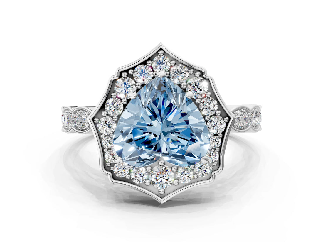 White gold Fancy Blue Heart  Halo Diamond Engagement Ring with Milgrain Band and Four-Prong Setting_49