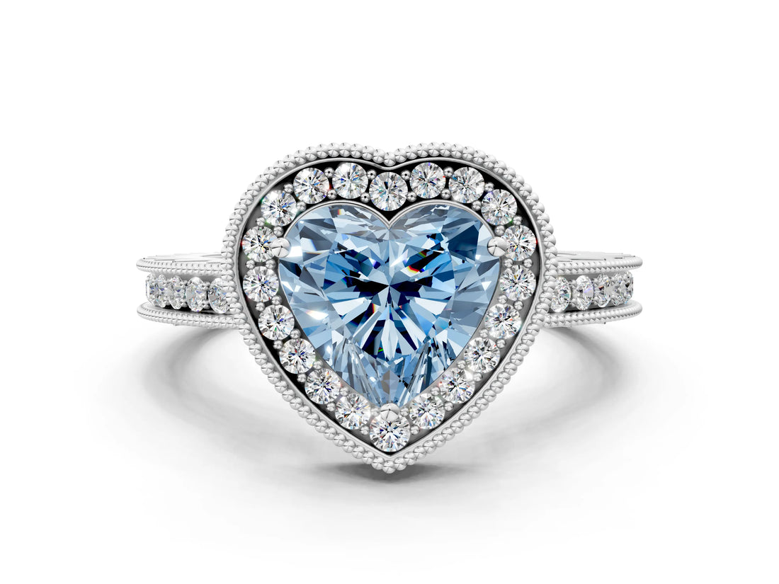 White gold Fancy Blue Heart  Halo Diamond Engagement Ring with Milgrain Pave Band and Four-Prong Setting_63