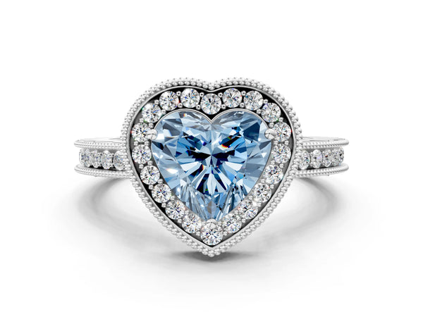 White gold Fancy Blue Heart  Halo Diamond Engagement Ring with Milgrain Pave Band and Four-Prong Setting