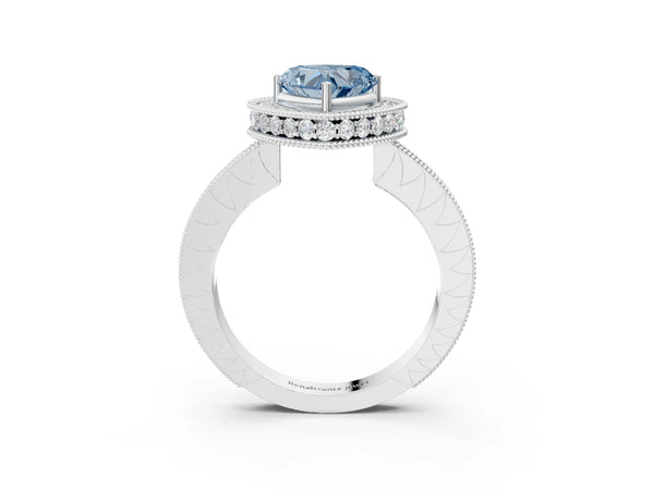 White gold Fancy Blue Heart  Halo Diamond Engagement Ring with Milgrain Pave Band and Four-Prong Setting