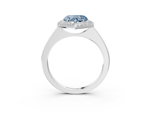 White gold Fancy Blue Heart  Halo Diamond Engagement Ring with Solitaire Band and Four-Prong Setting