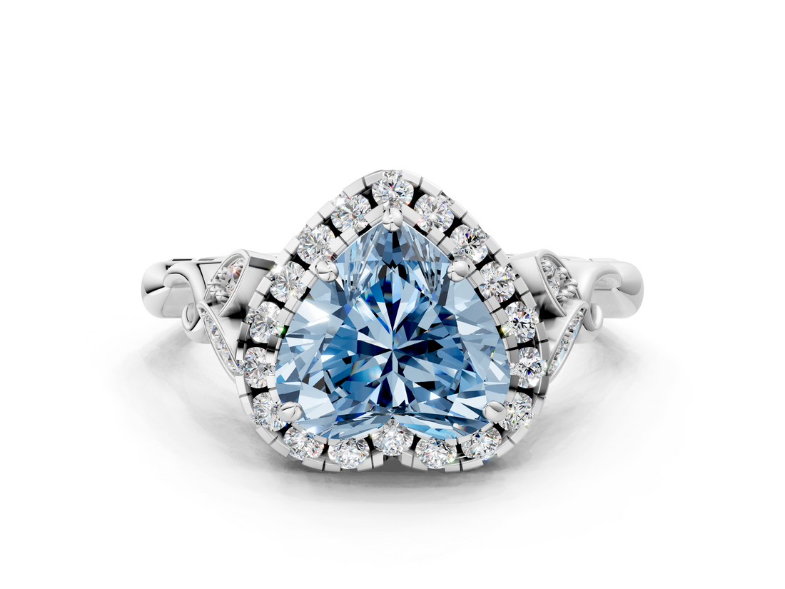 White gold Fancy Blue Heart  Halo Diamond Engagement Ring with Vintage-Inspired Band and Four-Prong Setting_3
