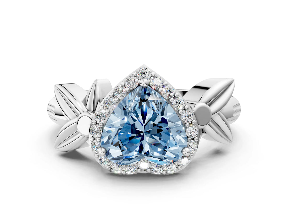 White gold Fancy Blue Heart  Halo Diamond Floral Band with Four-Prong Setting_55