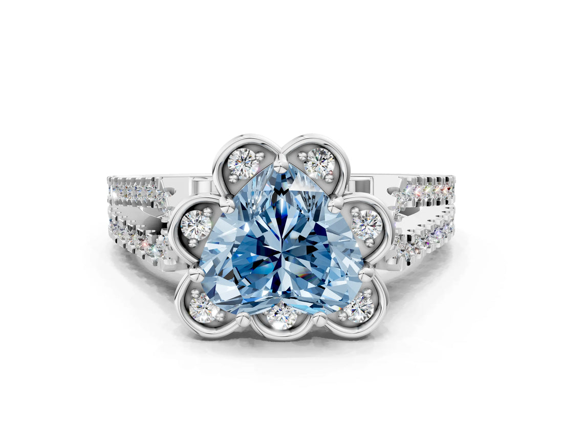 White gold Fancy Blue Heart  Halo Diamond Floral Split Shank Engagement Ring 1