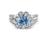 White gold Fancy Blue Heart  Halo Diamond Floral Split Shank Engagement Ring 1