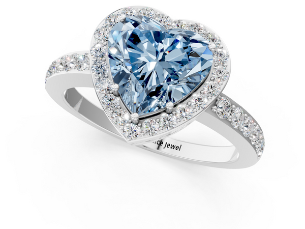 Platinum Fancy Blue Heart  Halo Diamond Pavé Band Ring with Prong Setting